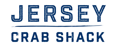 A nautical style blue logo depicting the words Jersey Crab Shack in capital casual letters