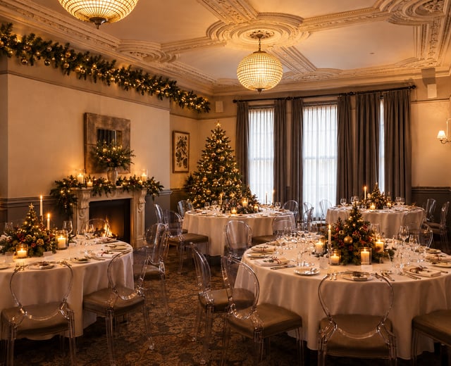 The Lempriere room with Christmas decorations, including a large festive tree, candles, and warm lighting