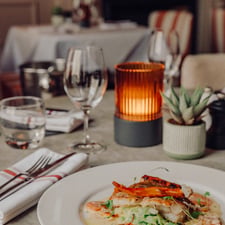 A plate of food served simply yet stylishly on a warmly lit marble table
