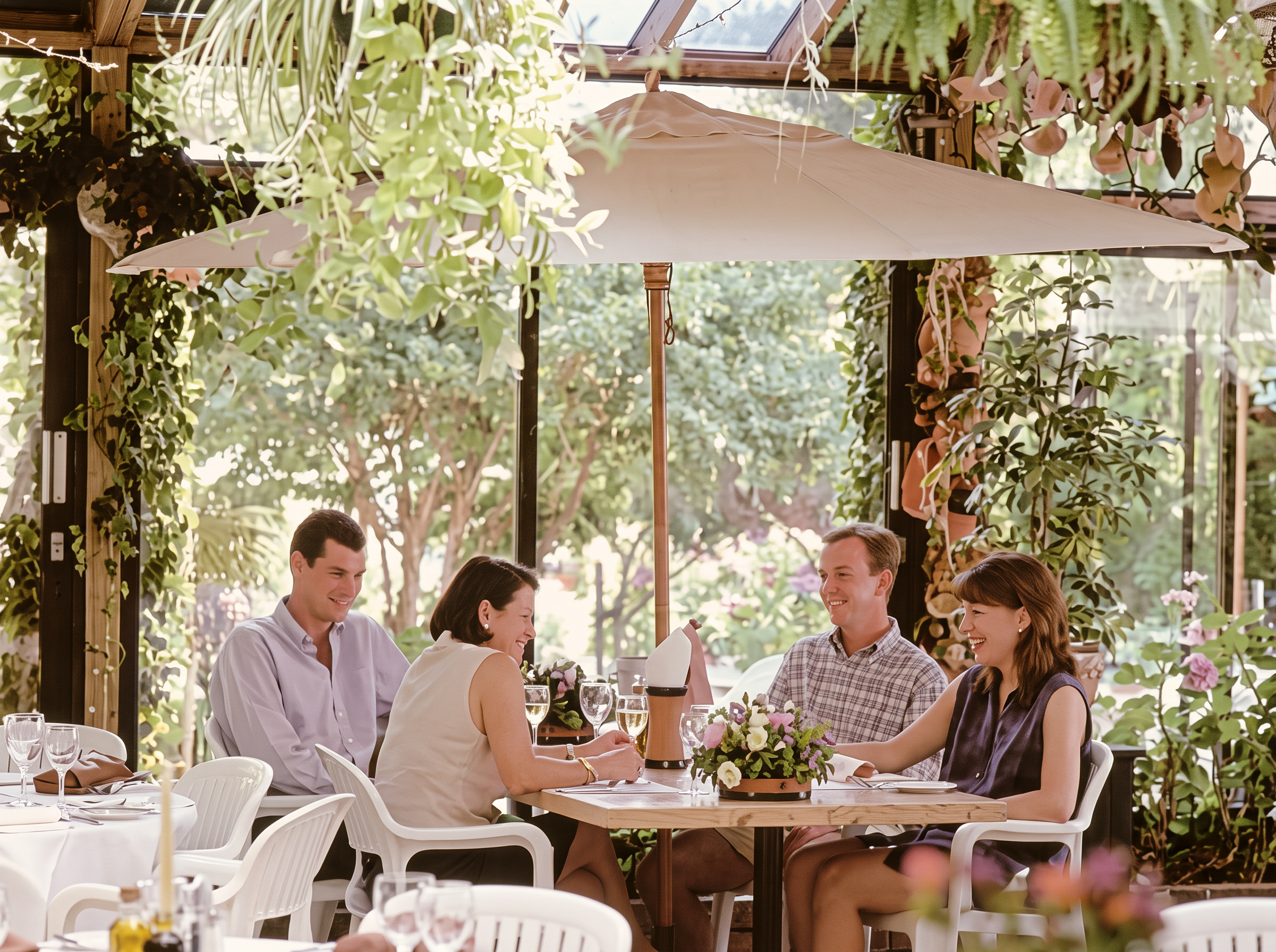 A refined high resolution version of an original 1990s image of guests enjoying lunch at the Jersey Pottery garden restaurant