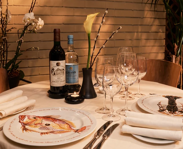 A refined high resolution version of an original 1990s image of a table at the Jersey Pottery restaurant