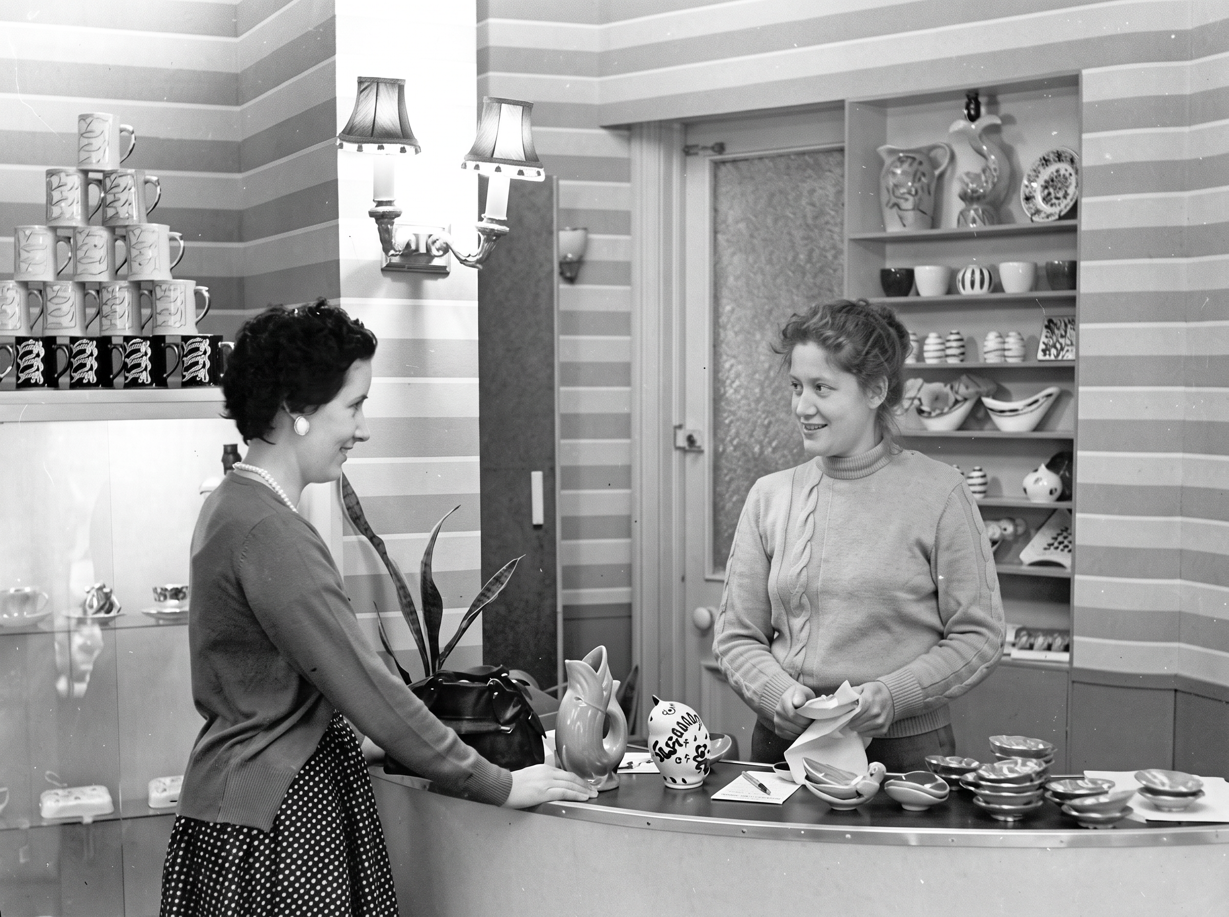 A refined high resolution version of an original 1950s image of the retail shop at Jersey Pottery