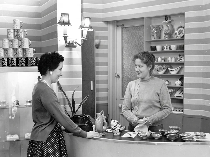 A refined high resolution version of an original 1950s image of the retail shop at Jersey Pottery