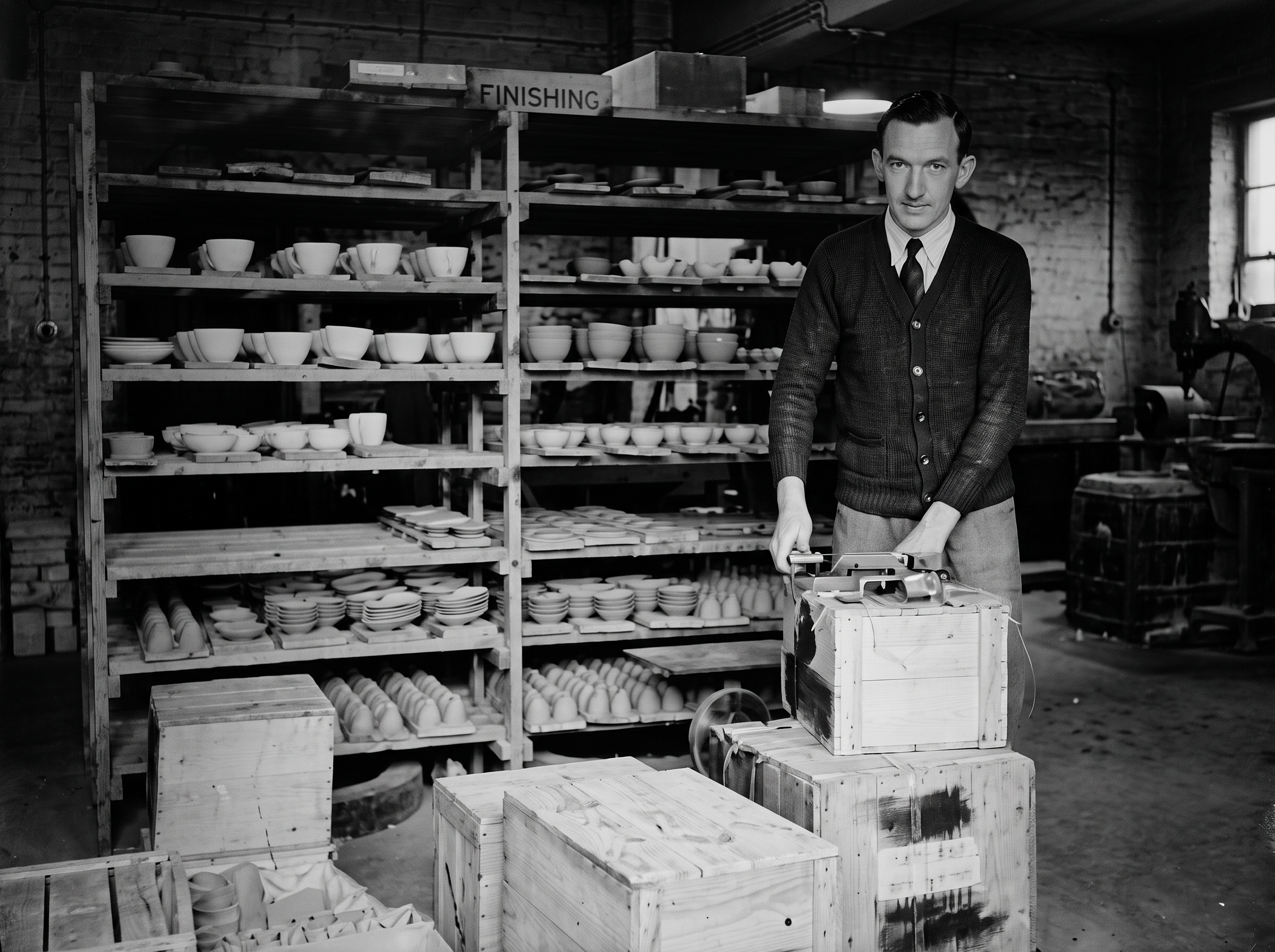 A refined high resolution version of an original 1940s image of production at Jersey Pottery