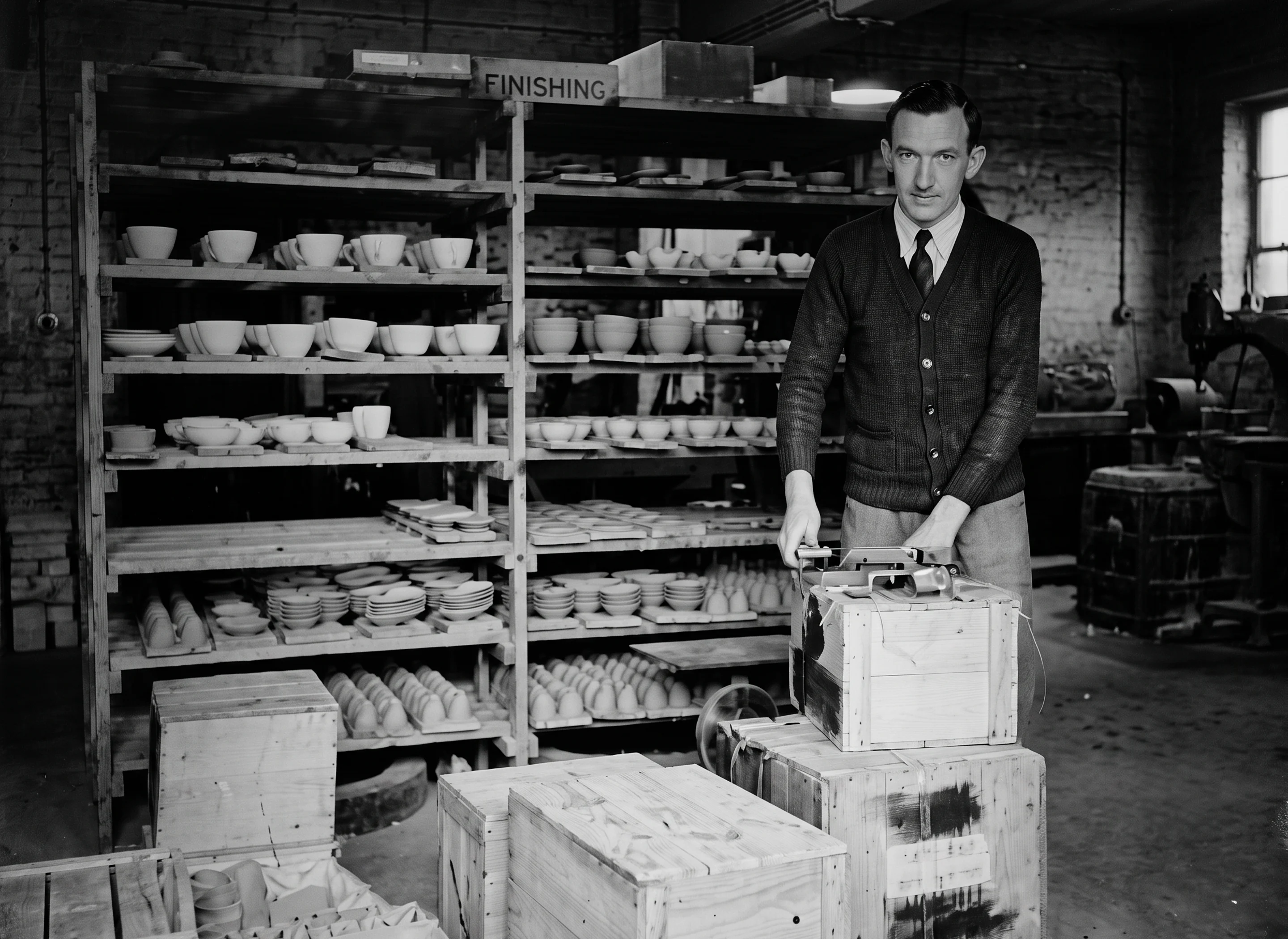 A refined high resolution version of an original 1940s image of production at Jersey Pottery