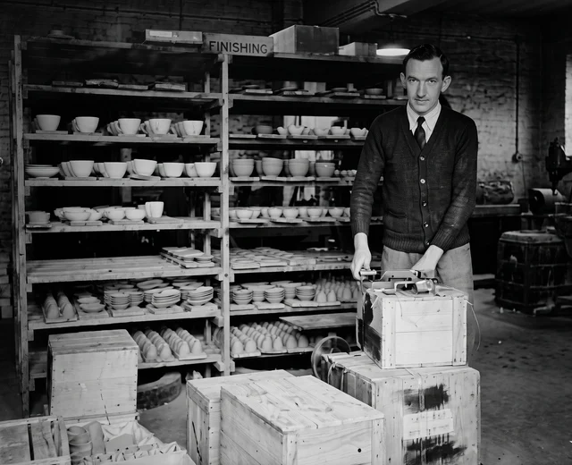 A refined high resolution version of an original 1940s image of production at Jersey Pottery