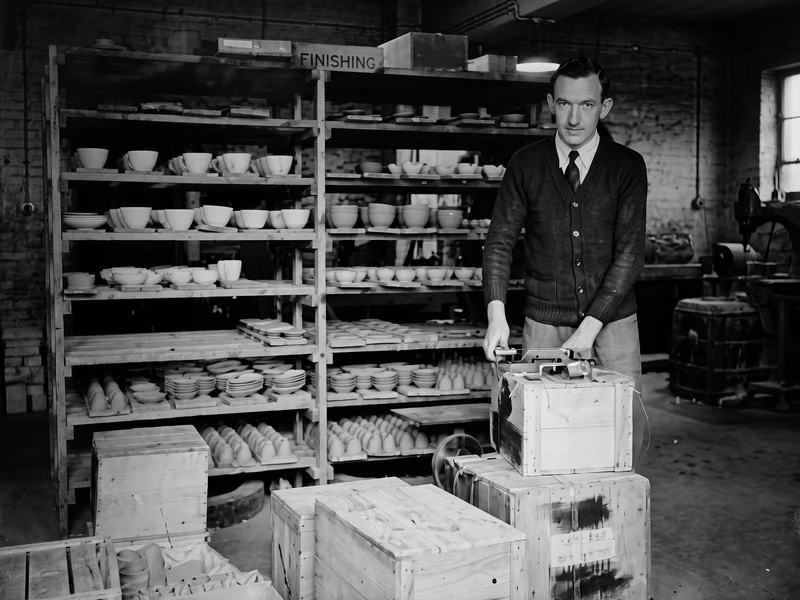 A refined high resolution version of an original 1940s image of production at Jersey Pottery