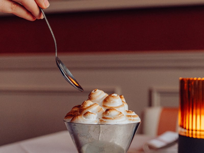 A Baked Alaska Coupe on a table in the Dining Room