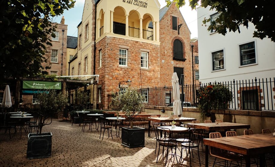 The al fresco dining area beside St Helier's Jersey Museum