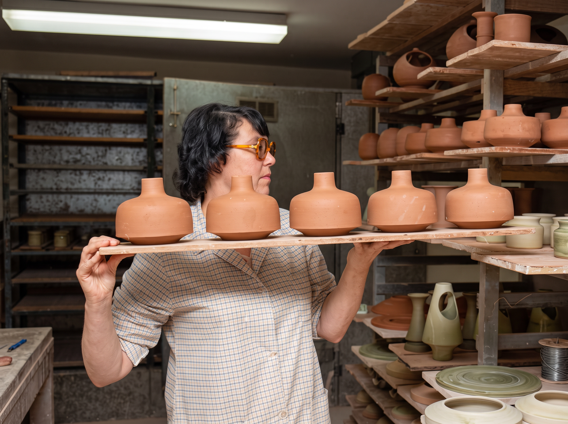 A colourised and refined image of a worker at Jersey Pottery working in production