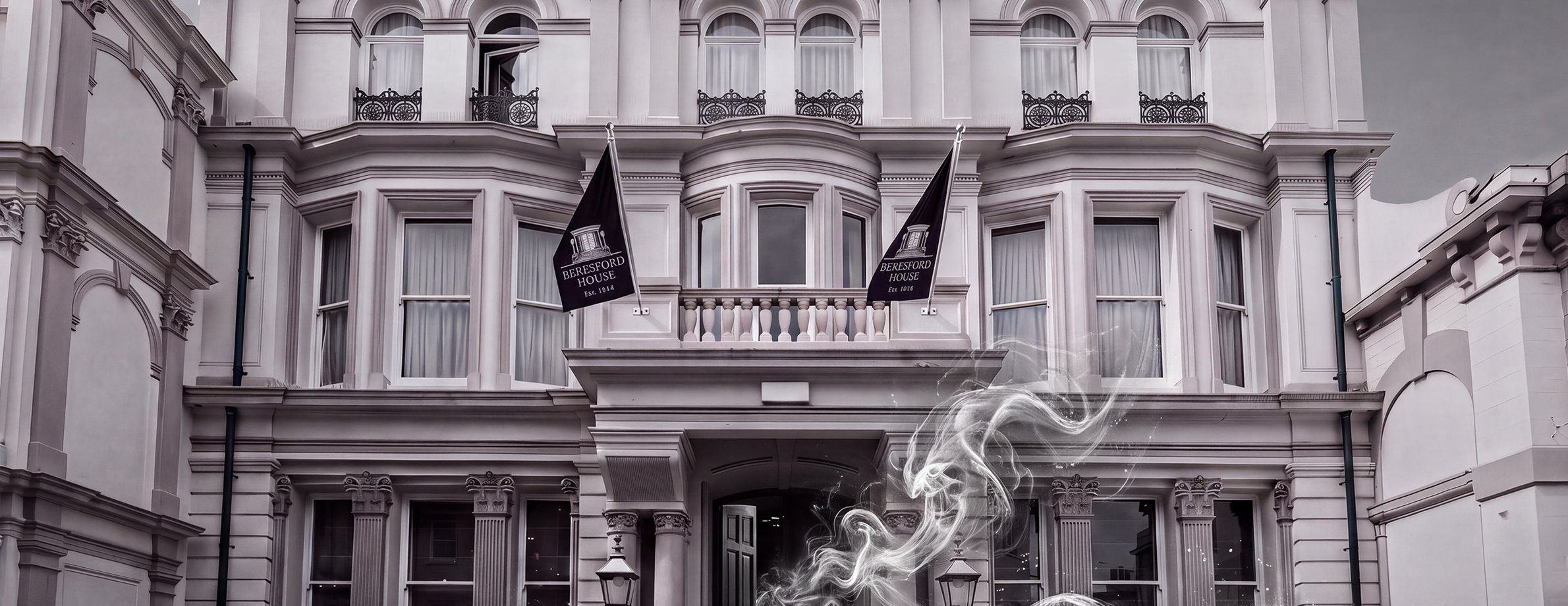An image of Beresford House, with a ghostly spirit escaping