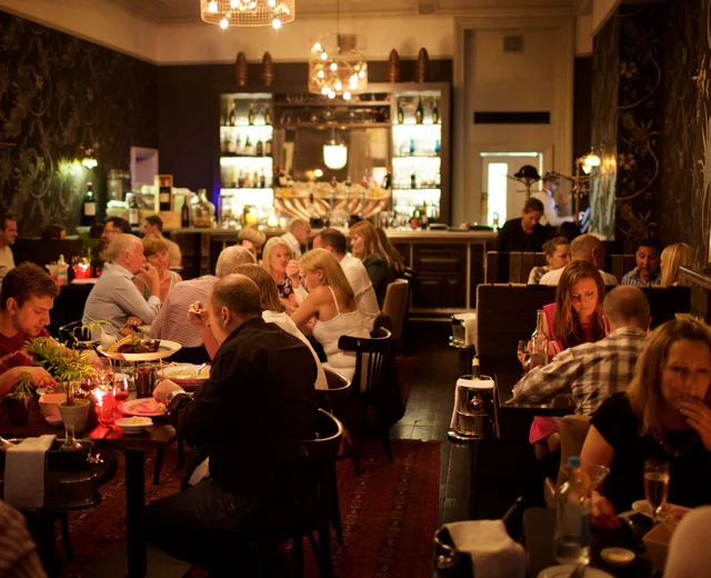 Guests enjoy the Banjo restaurant, circa 2014