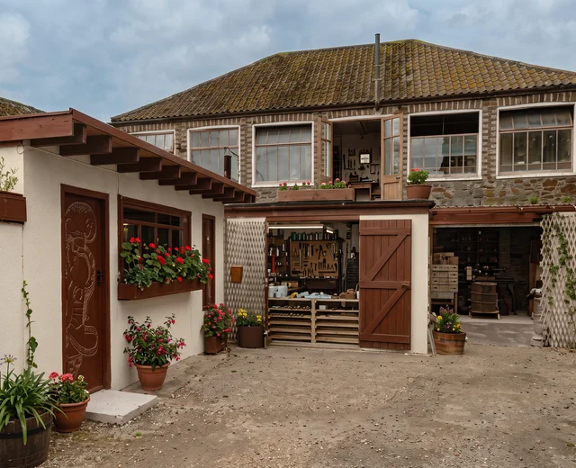 A refined high resolution version of an image of the original 1950s Jersey Pottery building