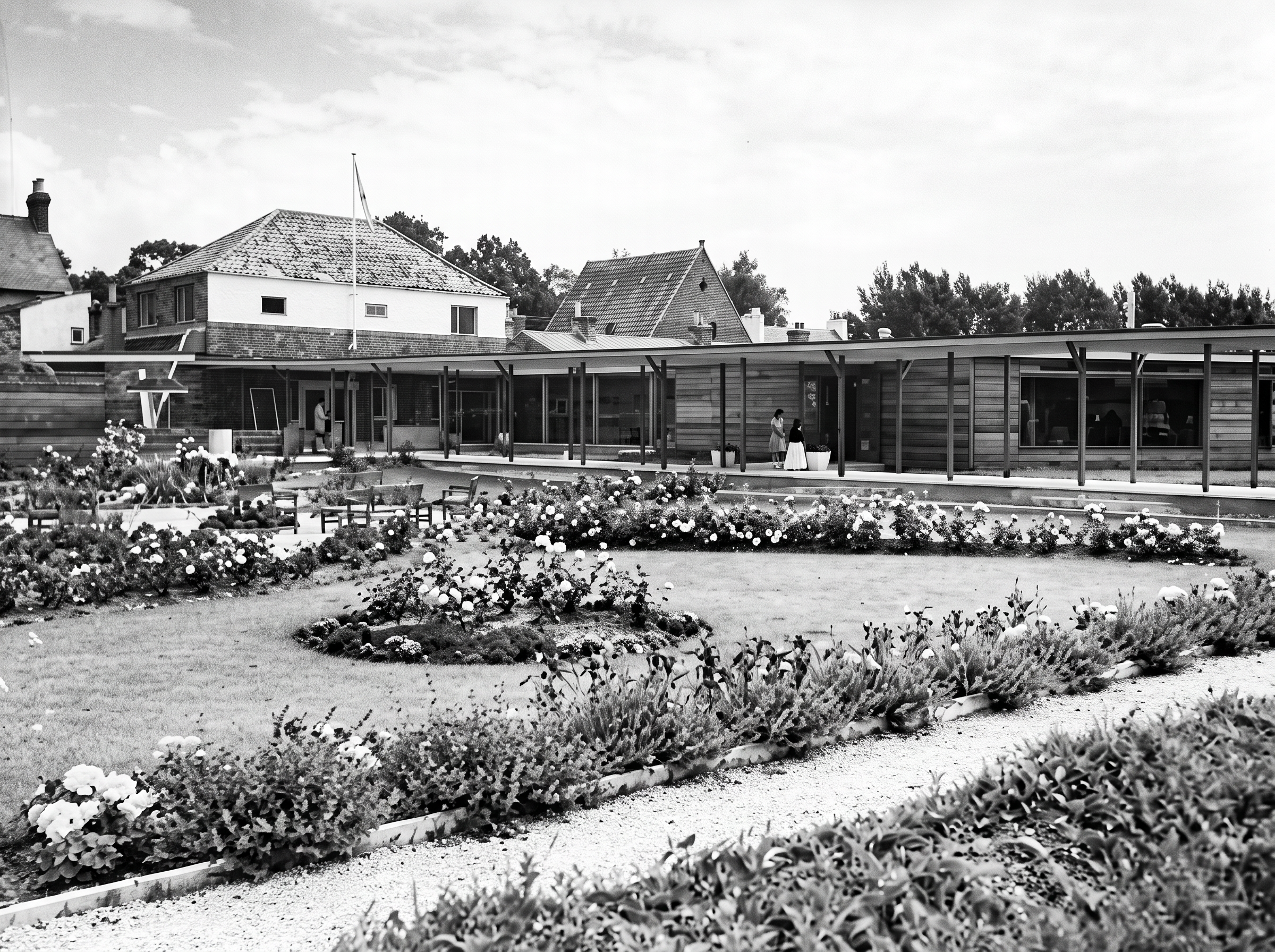 A refined high resolution version of an original 1960 image of the gardens at Jersey Pottery