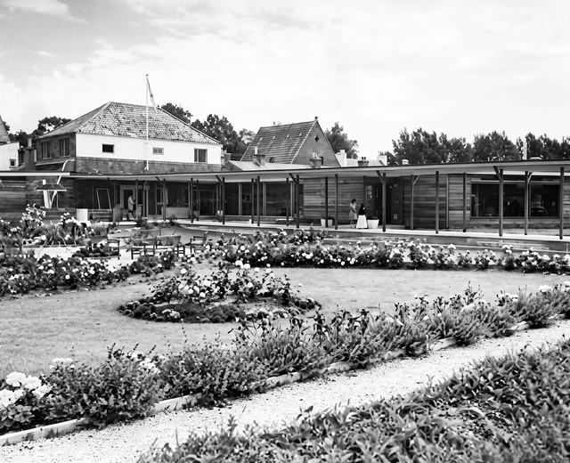 A refined high resolution version of an original 1960 image of the gardens at Jersey Pottery