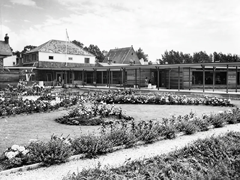 A refined high resolution version of an original 1960 image of the gardens at Jersey Pottery