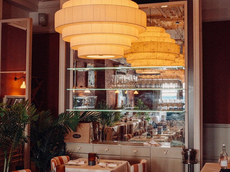 The dining room at Beresford House with large light fittings