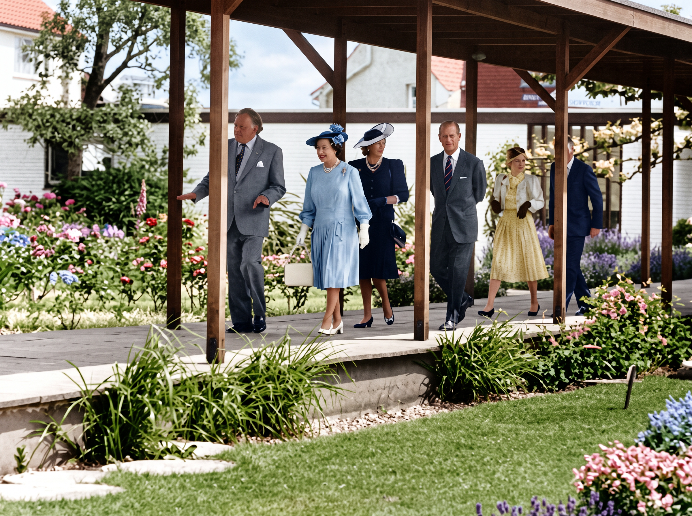 A refined, colourised version of a 1989 photograph showing the Queen visiting Jersey Pottery