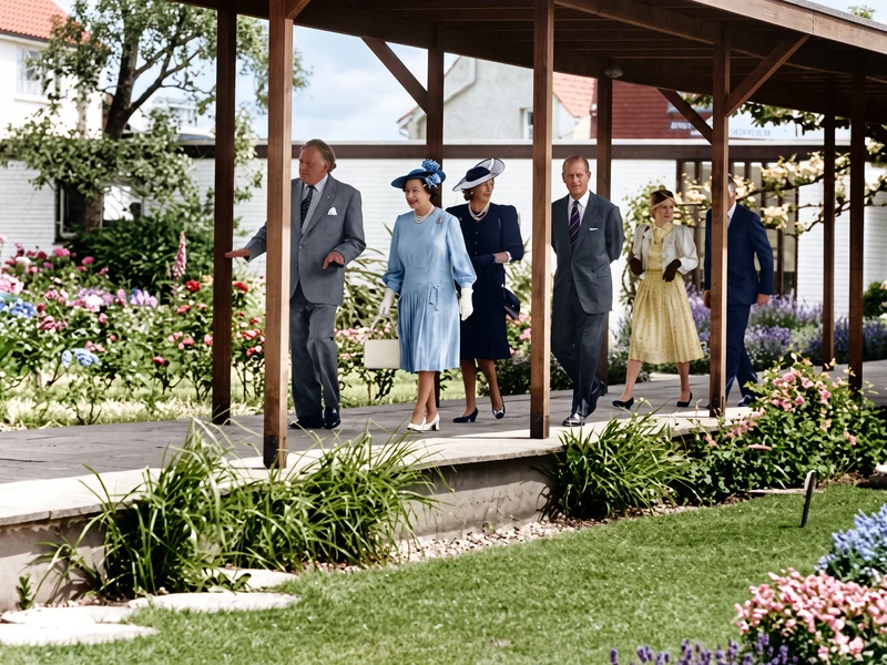 A refined, colourised version of a 1989 photograph showing the Queen visiting Jersey Pottery