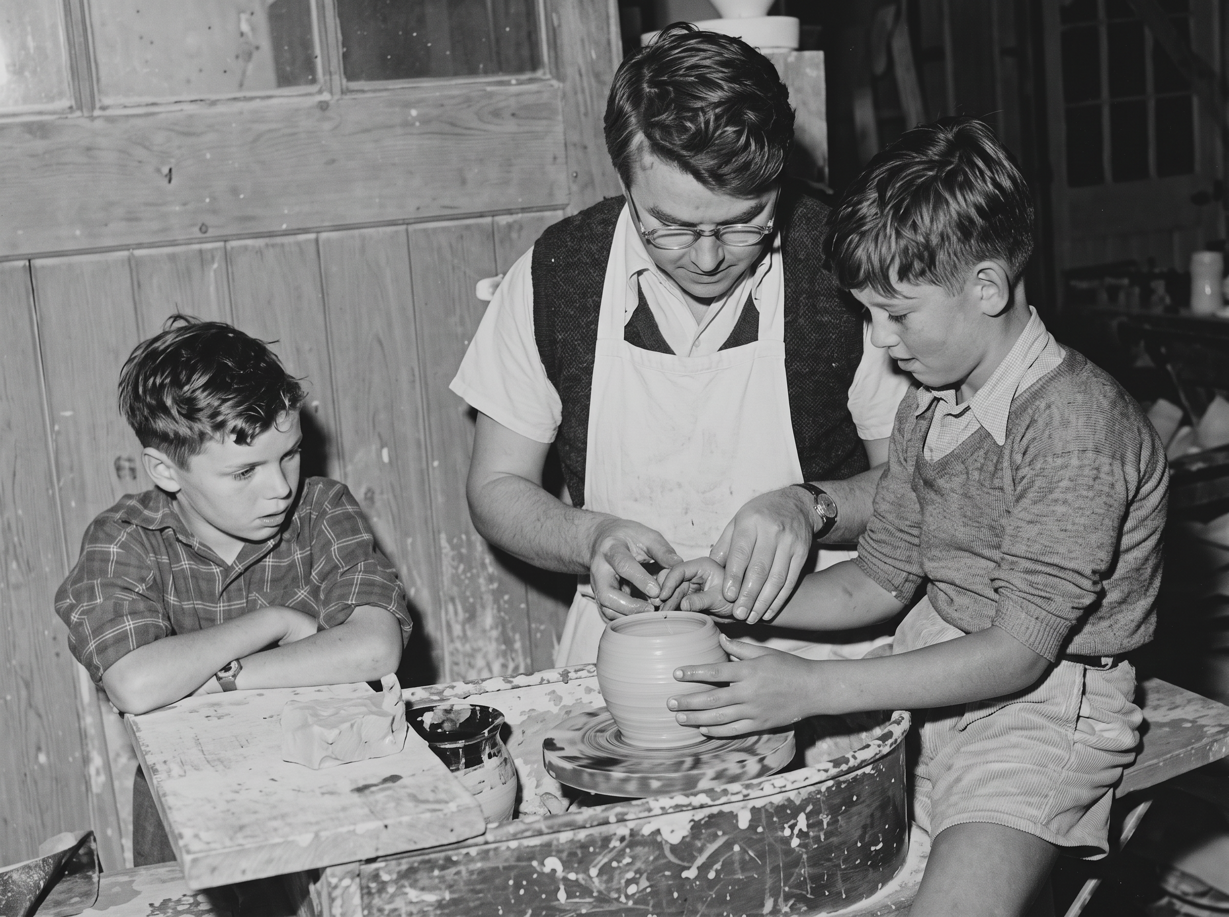 A refined high resolution version of an original 1950s image of children watching ceramic production at Jersey Pottery