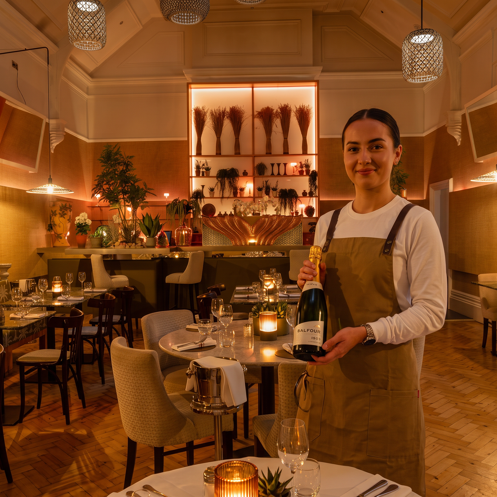A team member holds a bottle of Balfour Wine in The Conservatory